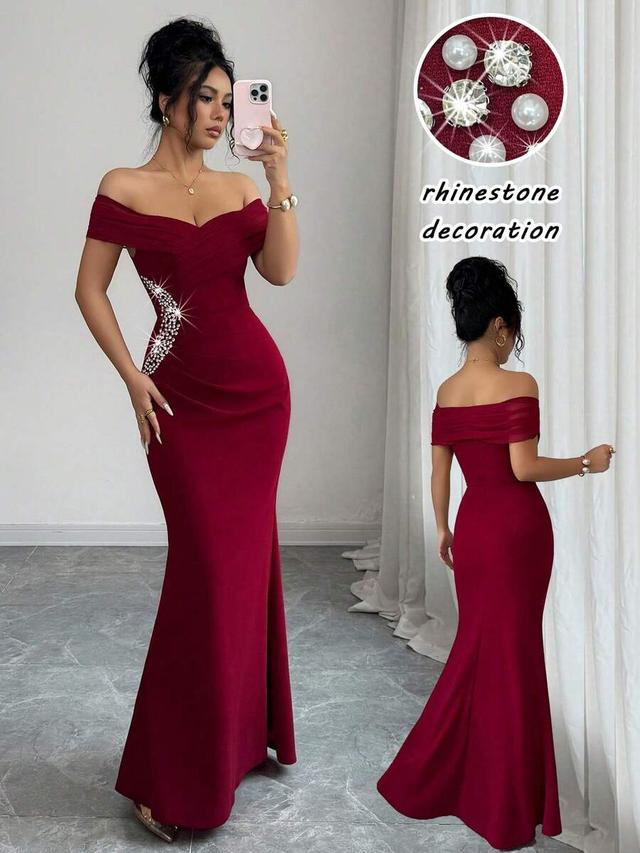 burgundy off-shoulder ruched mermaid evening dress with crystals