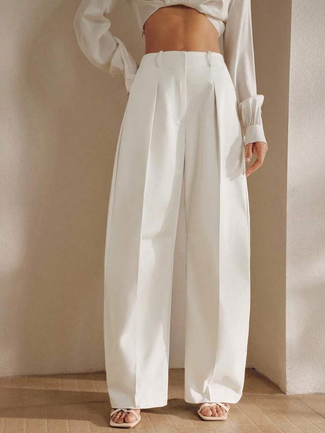 white pleated high waist wide leg trousers