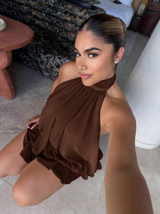 chocolate brown satin halter neck mini dress