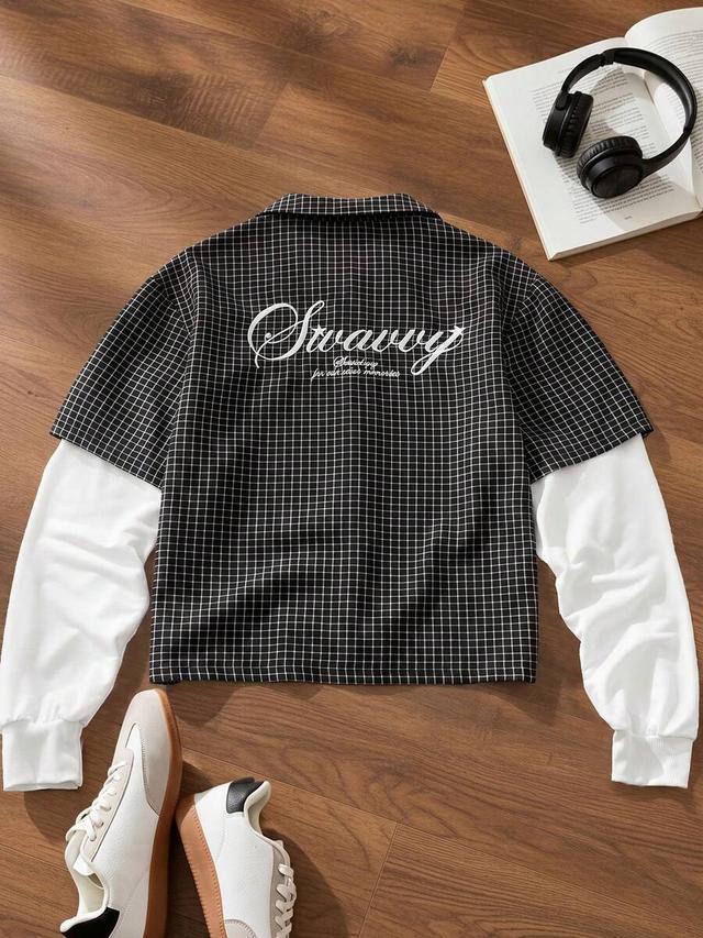 men's black plaid 2-in-1 layered shirt