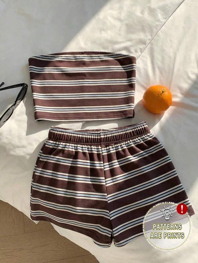 brown striped casual elastic waist shorts