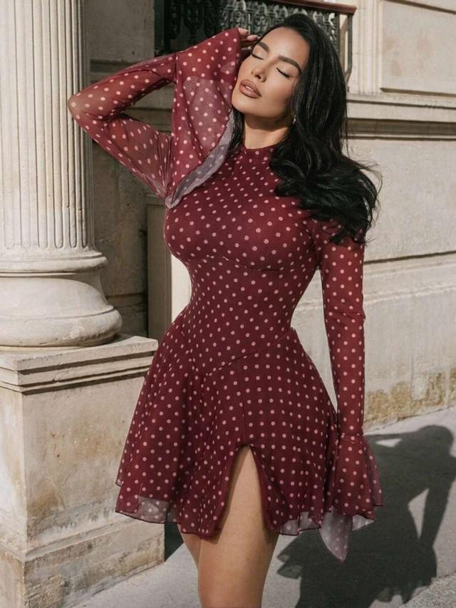 burgundy polka dot flare sleeve mini dress