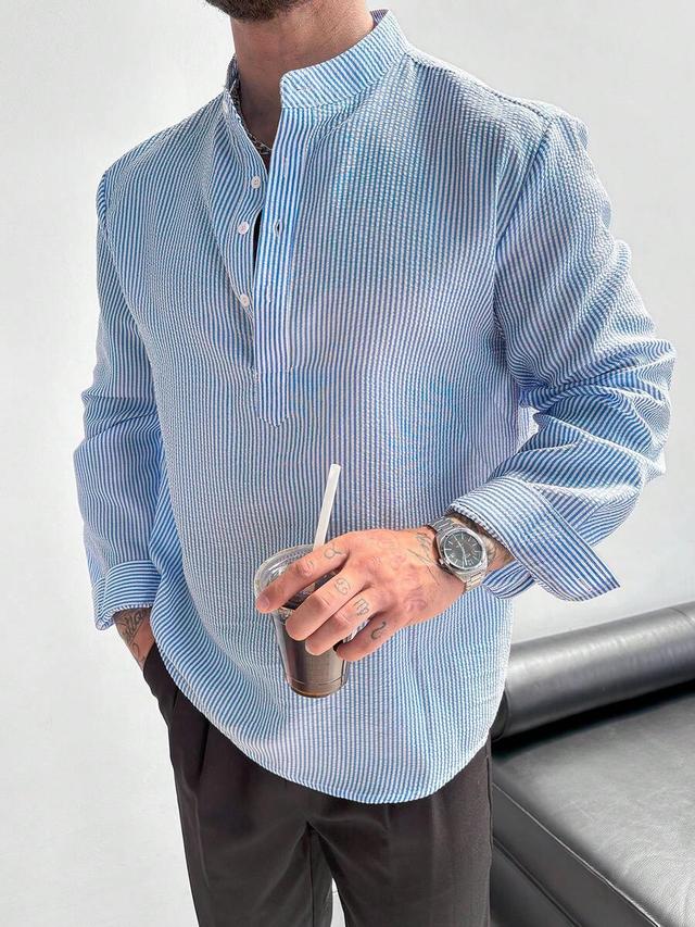 striped half-placket stand collar linen shirt