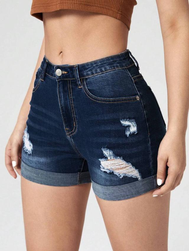 dark wash distressed denim cuffed shorts