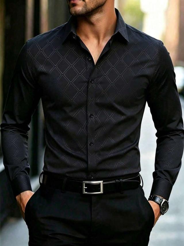 black textured geometric print long sleeve formal shirt