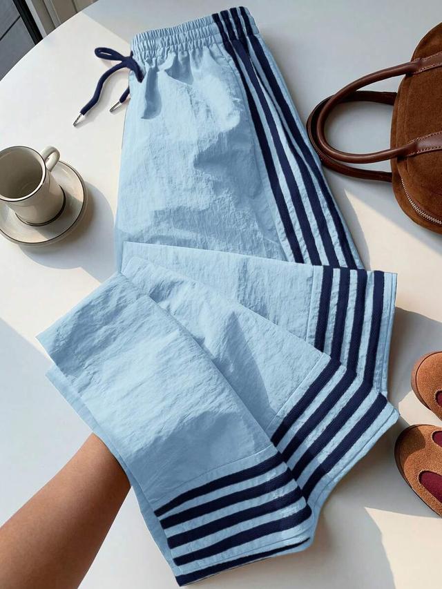 light blue side stripe elastic waist casual sports pants