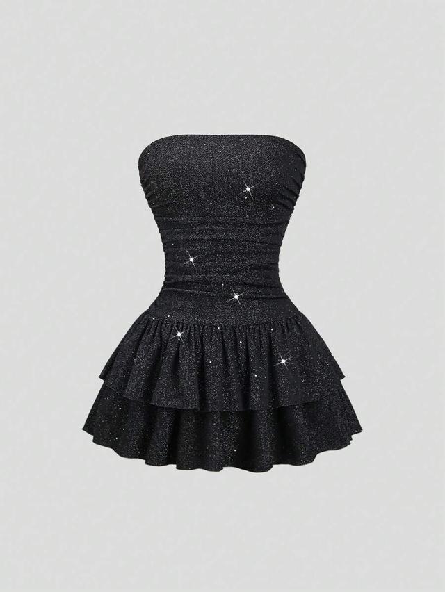 shiny black strapless ruffled cake mini dress