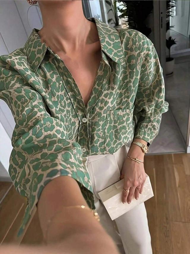 green leopard print casual button down shirt