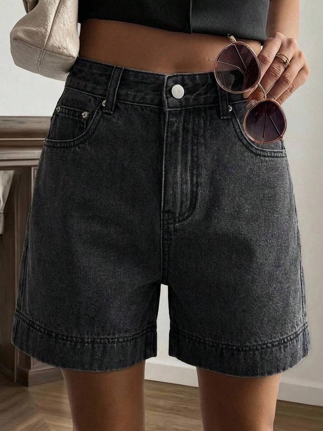 high waist black denim casual shorts