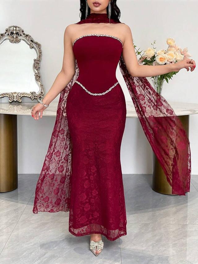 feyla women's elegant party lace rhinestone decorated long dress