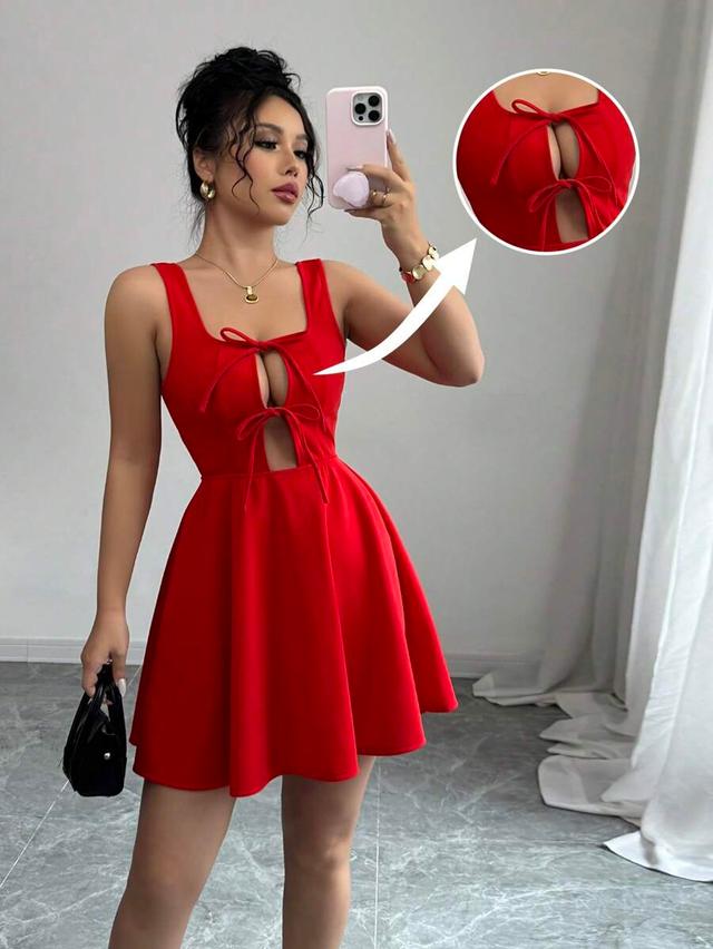 elenzga summer vacation casual square neck red bowknot dress