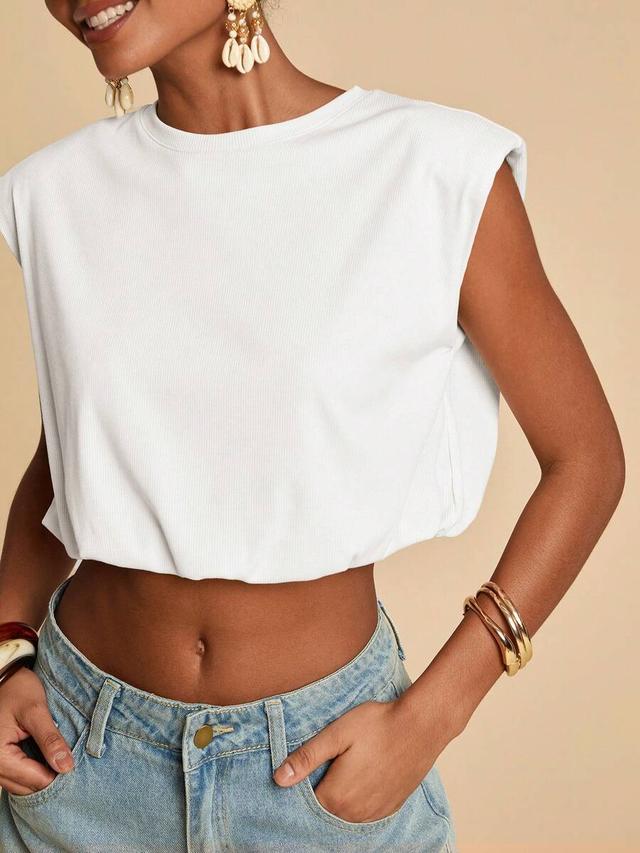 white ribbed round neck sleeveless cropped top