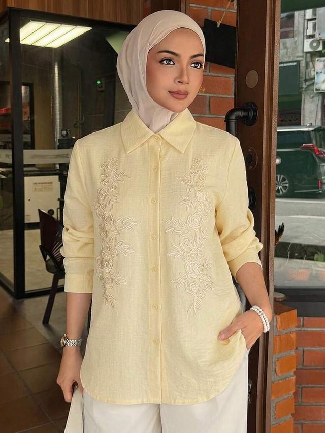 yellow floral embroidered long sleeve button-up shirt