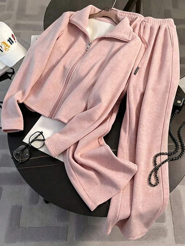pink casual long sleeve zip-up top and pants set