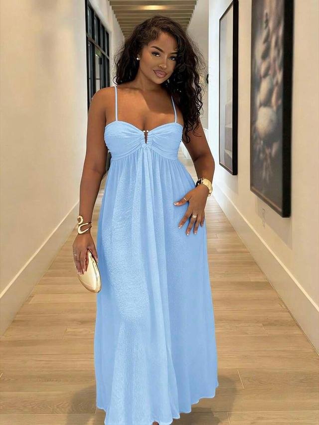 light blue spaghetti strap gathered bodice maxi dress