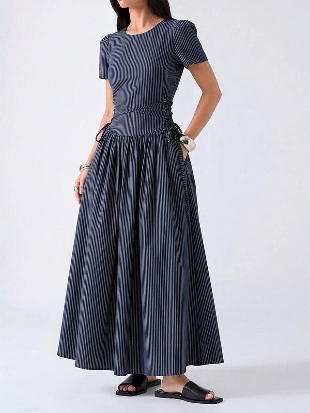 minimalist striped round neck puff sleeve side tie dress