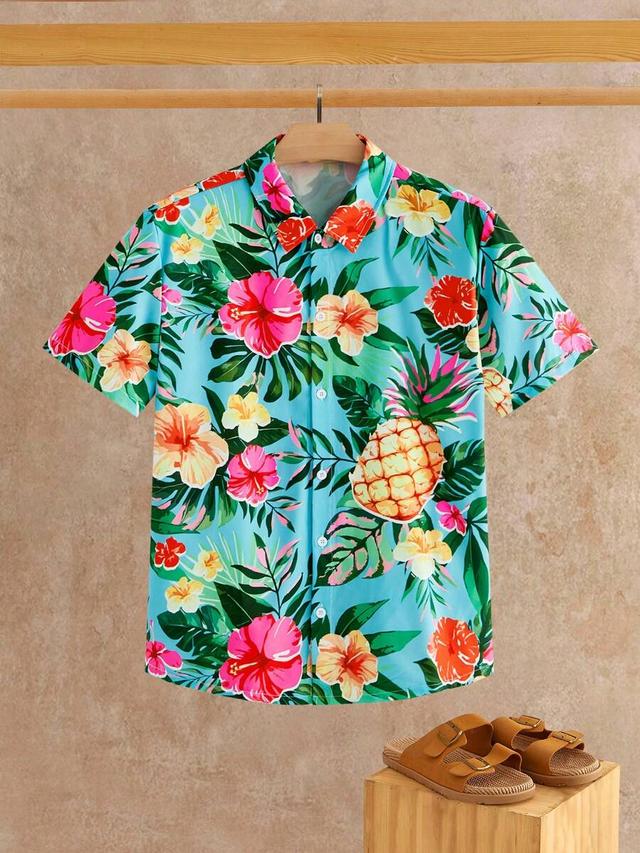 floral and pineapple print short sleeve shirt