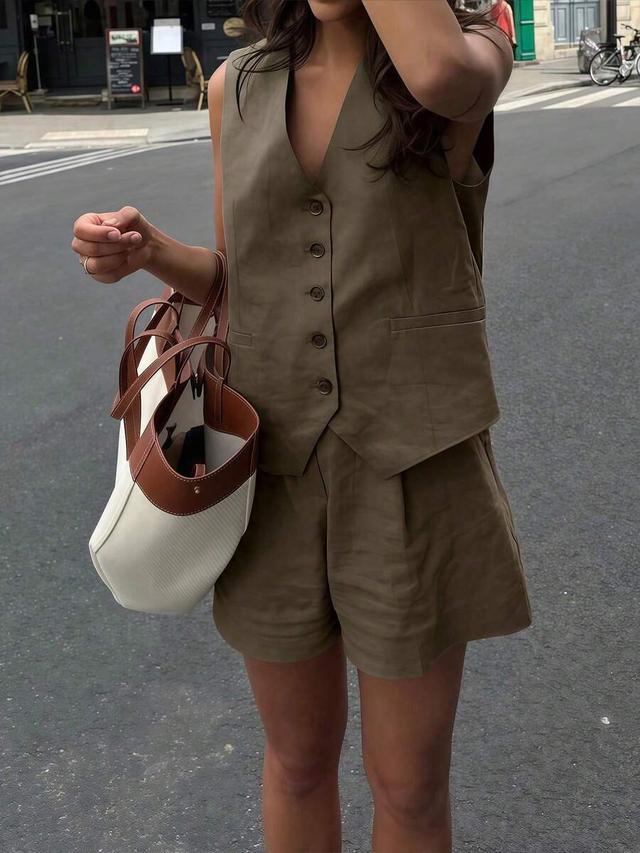 olive linen single-breasted vest and shorts set