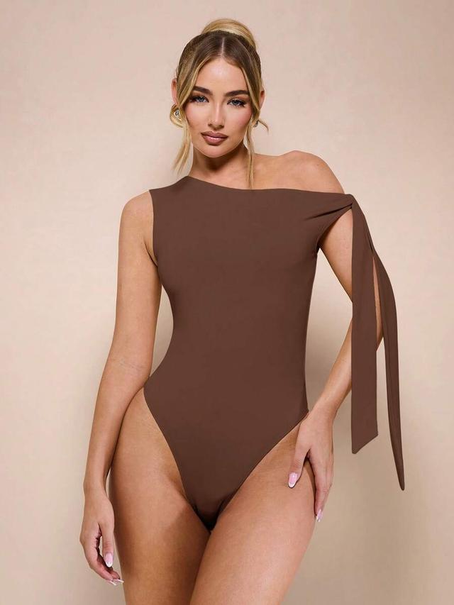solid brown asymmetric neckline sleeveless bodysuit