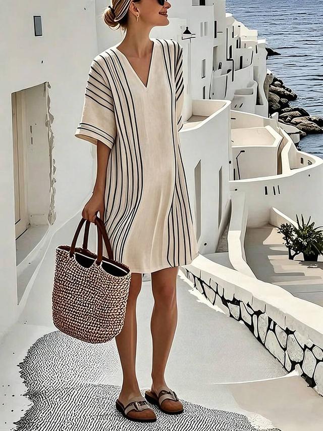 beige striped v-neck batwing sleeve casual summer dress