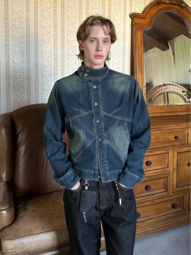 deconstructed wash denim harrington jacket with stand-up collar