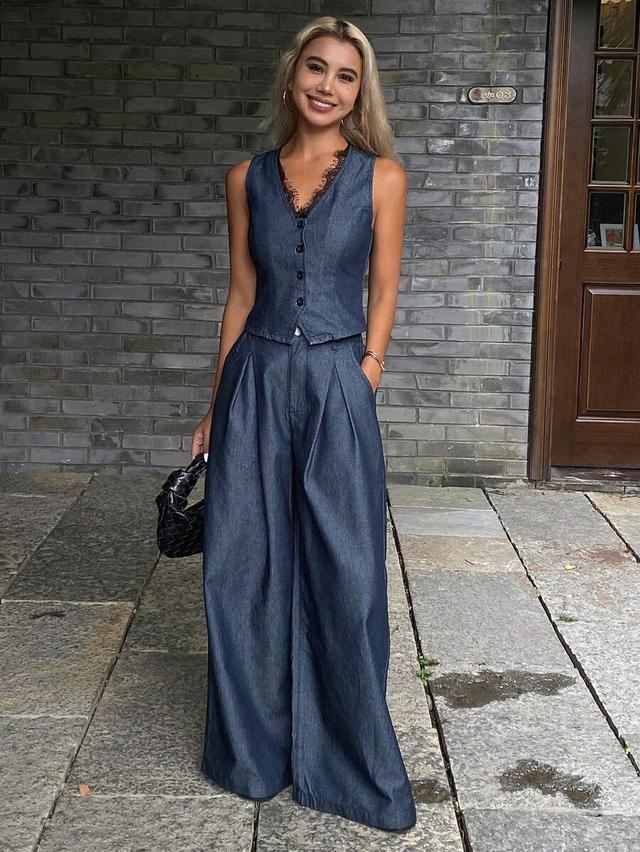 denim vest with lace trim and matching wide-leg trousers