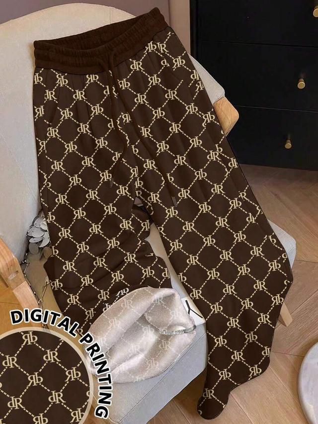 brown letter print fleece lined casual sweatpants