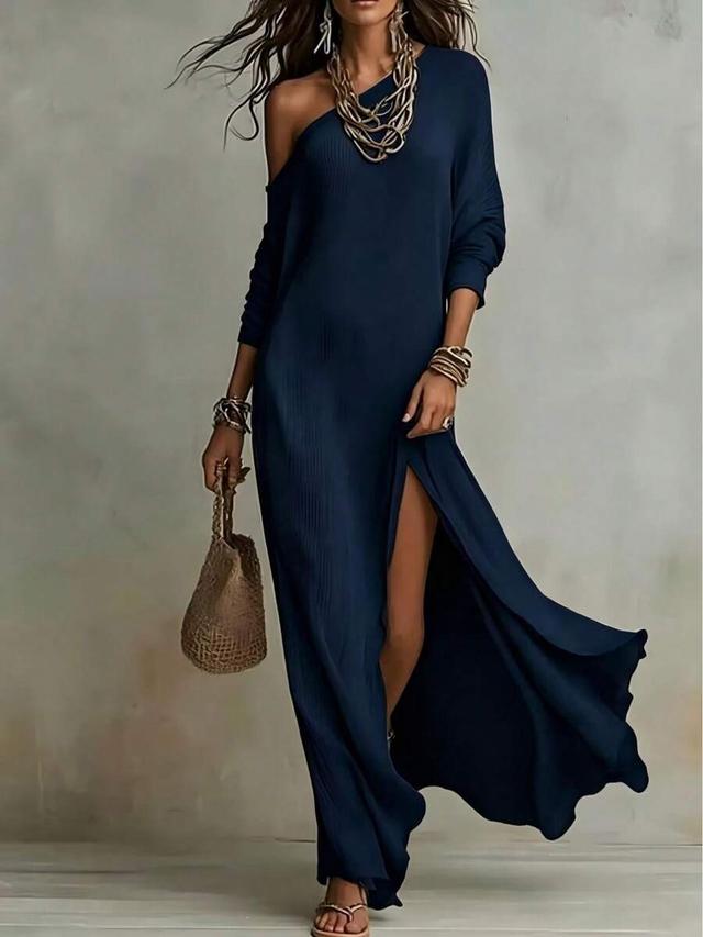 navy blue one-shoulder pleated maxi dress