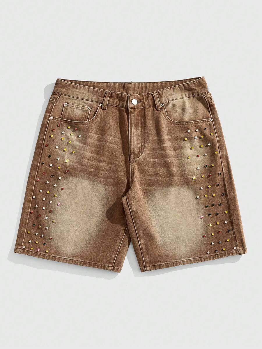 brown denim jorts with colorful rhinestone embellishments
