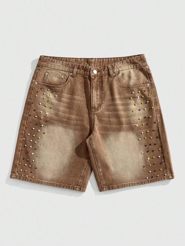 brown denim jorts with colorful rhinestone embellishments