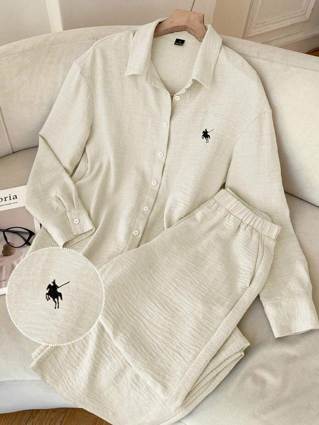 apricot woven embroidered long sleeve shirt and pants set