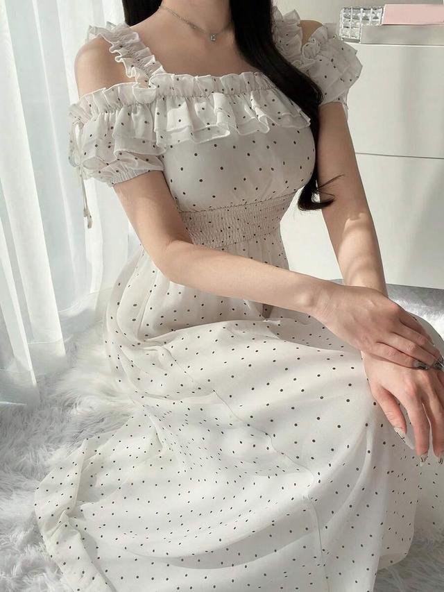polka dot sheer mesh cold shoulder frill dress