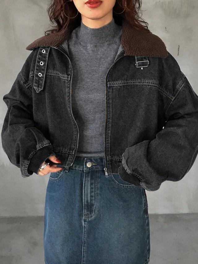 oversized black denim jacket with brown sherpa collar
