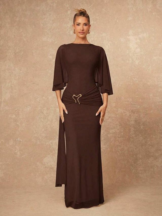 elegant brown round neck ruffle batwing sleeve fitted dress