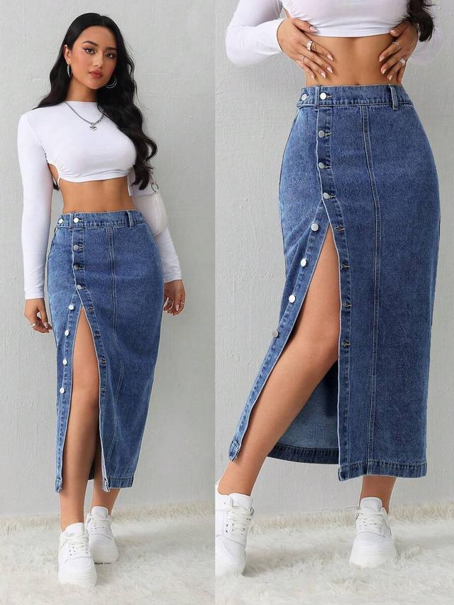 button-front denim midi skirt