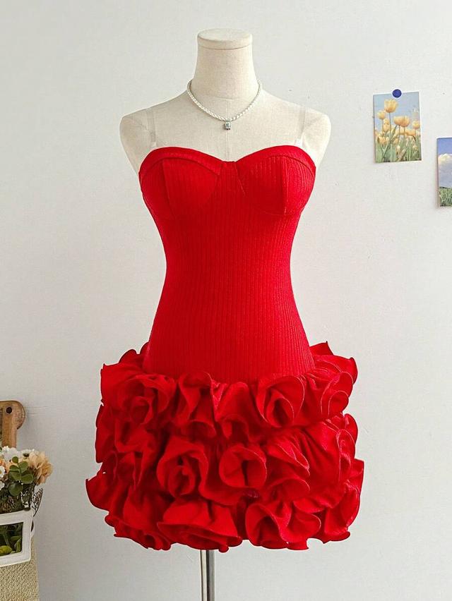 red strapless rib knit mini dress with ruffle hem