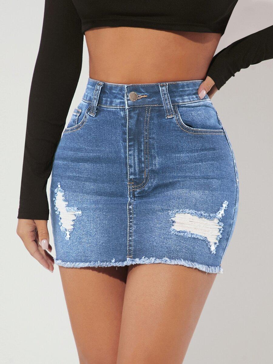 petite blue denim mini skirt with raw hem