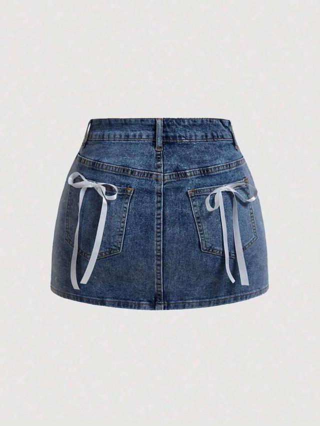 blue fitted denim mini skirt with ribbon bow detail