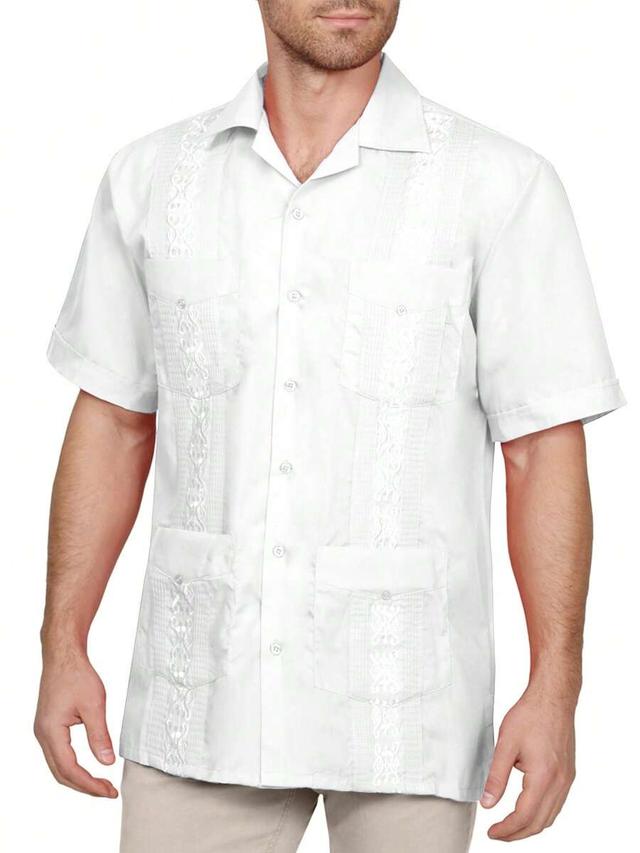 white cuban guayabera shirt with embroidery and pockets