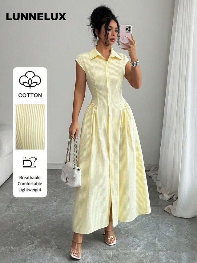 light yellow striped cotton shirt collar waist-cinching midi dress