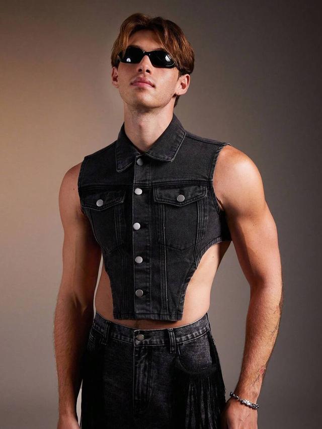 black denim sleeveless asymmetric hem crop top