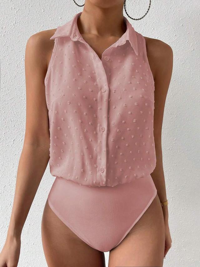 rosydaze pink swiss dot sleeveless collared bodysuit