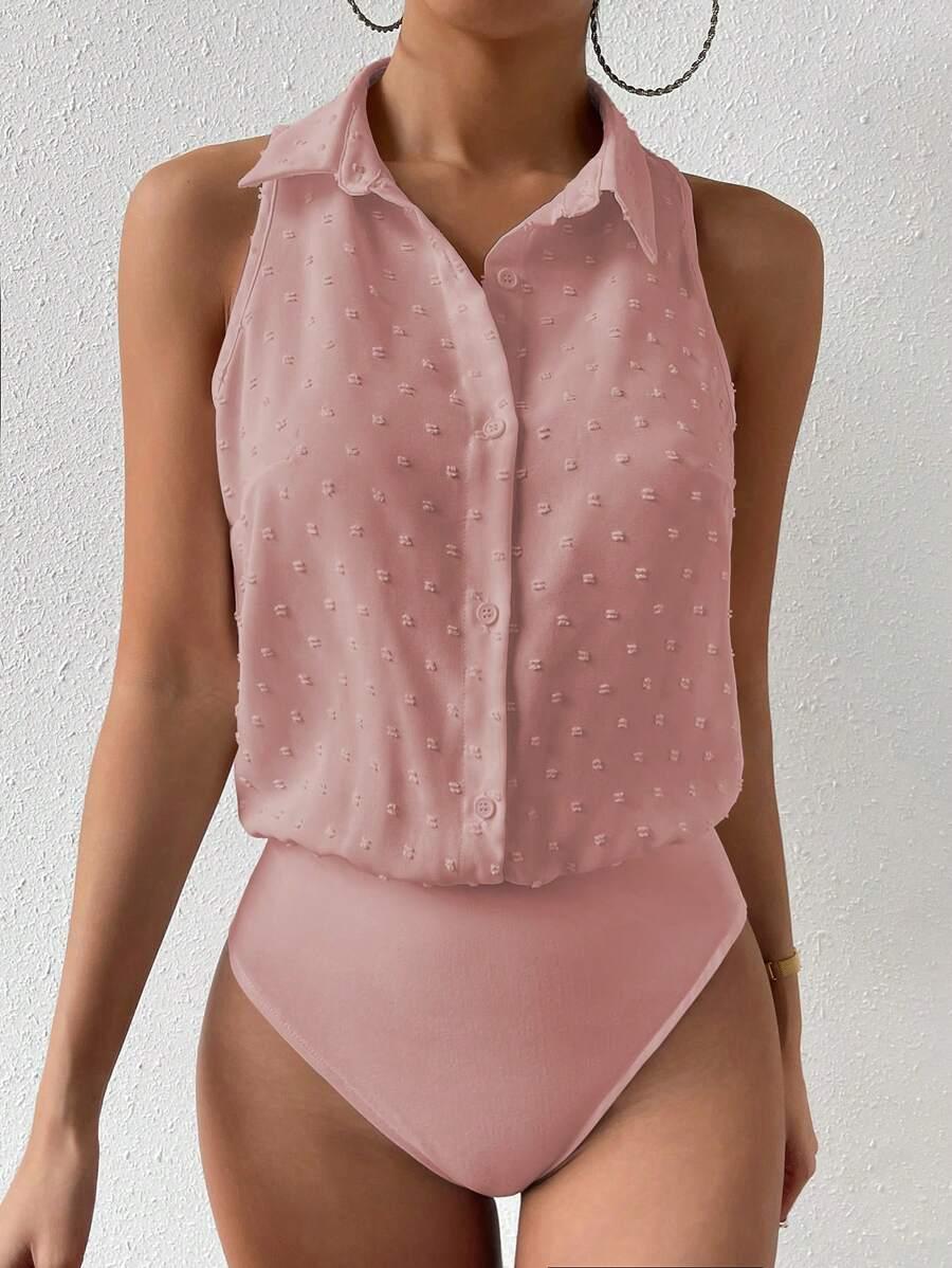 rosydaze pink swiss dot sleeveless collared bodysuit