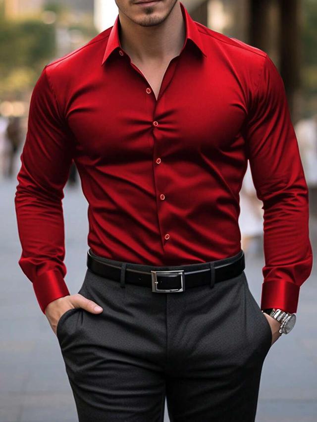 men's solid red long sleeve formal business shirt