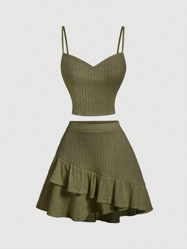 olive green textured ruffle hem mini skirt