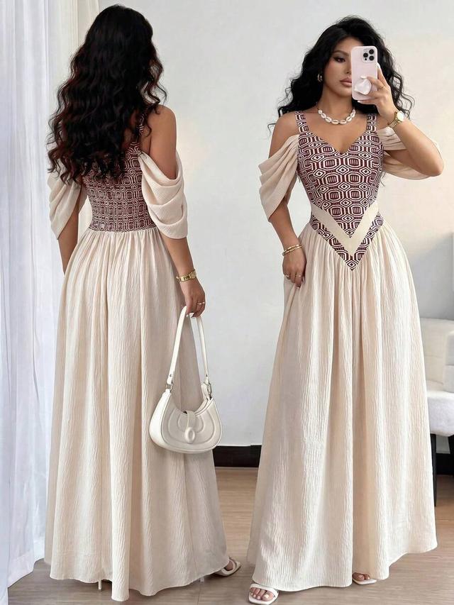 elegant boho beige print a-line spaghetti strap dress