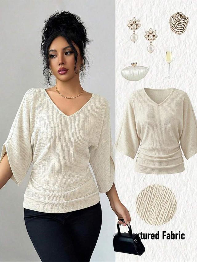 solid color textured v-neck ruched waist top
