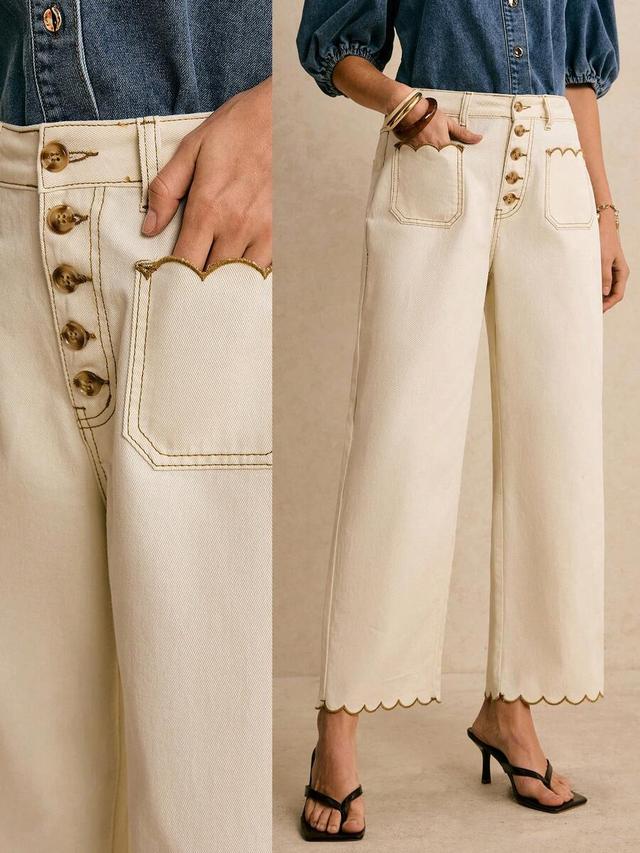 off-white scalloped trim straight leg denim jeans