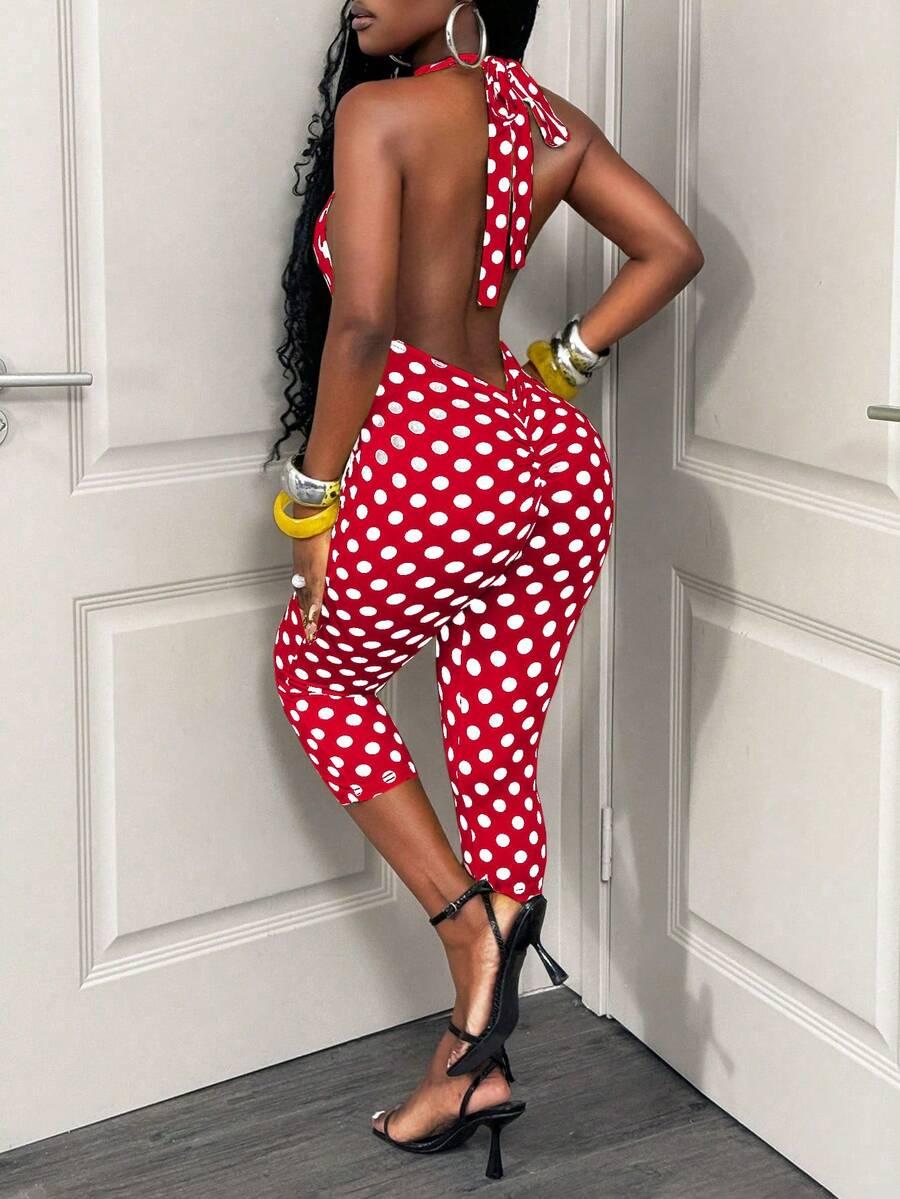red and white polka dot halter neck capri jumpsuit