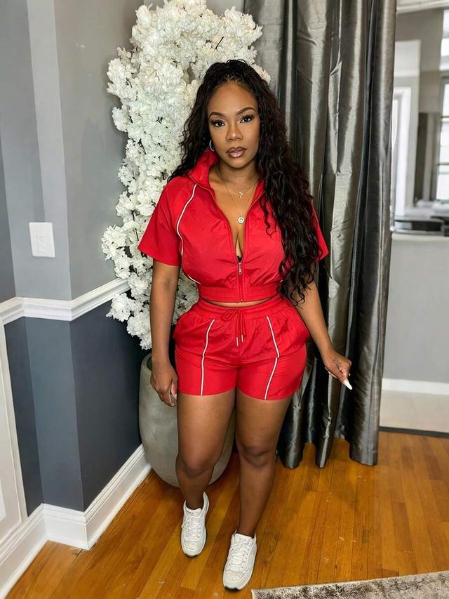 red woven contrast stripe zip-up top and shorts set